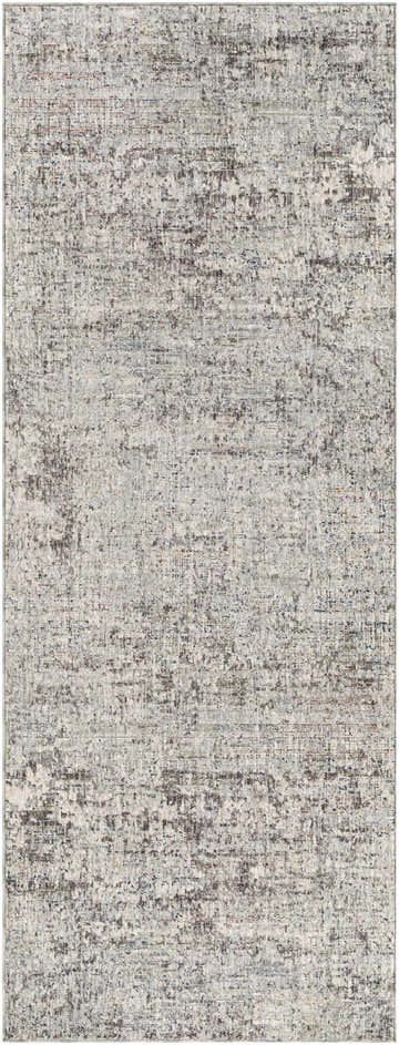 Close-up of the Penokee Carved Statement Rug. Contemporary style rug in shades of gray, blue, and ivory. Design-Runner-338