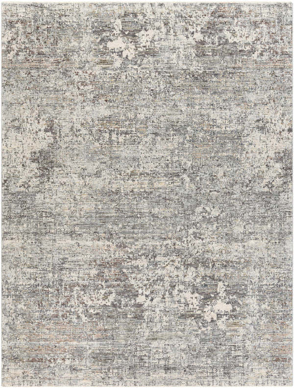 Close-up of the Penokee Carved Statement Rug. Contemporary design with ivory, gray, and charcoal hues and a subtle carved texture. Design-Rectangle-710103