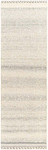 Close-up of the Penticton Cream Flat Woven Wool Rug, showcasing its beige, gray, and tan colors and textured, hand-woven design. Design-Runner-268