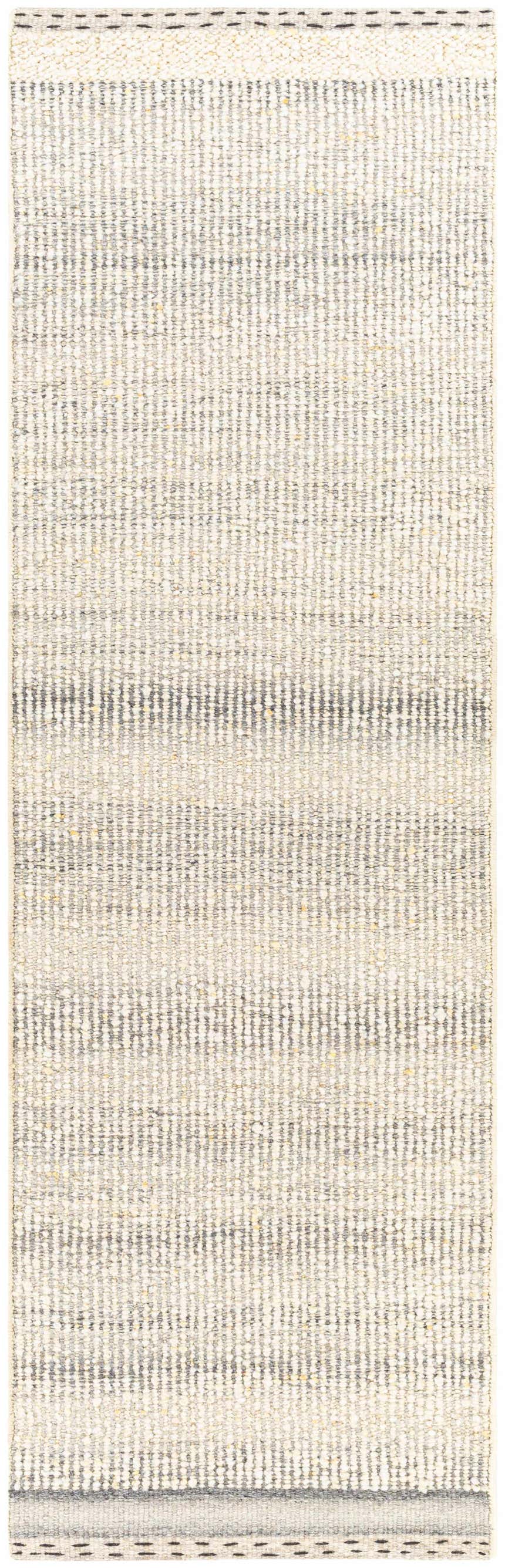 Close-up of the Penticton Cream Flat Woven Wool Rug, showcasing its beige, gray, and tan colors and textured, hand-woven design. Design-Runner-268