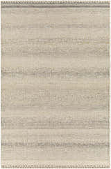 Close-up of the flat woven Penticton Cream Wool Rug, showing its beige, light gray, and tan horizontal stripes and textured wool. Design-Rectangle-576