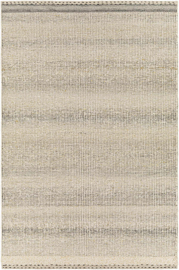 Close-up of the flat woven Penticton Cream Wool Rug, showing its beige, light gray, and tan horizontal stripes and textured wool. Design-Rectangle-576