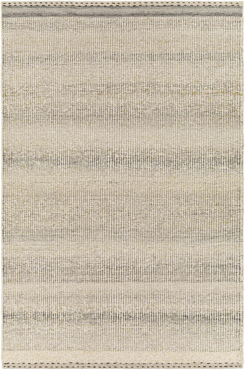 Close-up of the flat woven Penticton Cream Wool Rug, showing its beige, light gray, and tan horizontal stripes and textured wool. Design-Rectangle-576