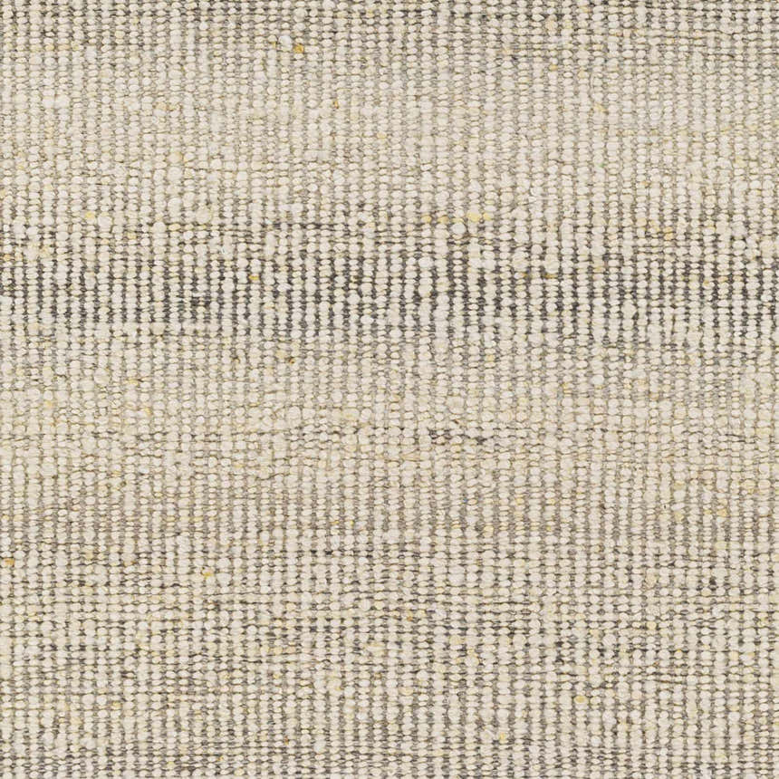 Close-up of the textured Penticton Cream Flat Woven Wool Rug. Features a subtle stripe pattern in cream, beige, and gray tones. Swatch