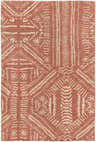 Close-up of Penwortham Jute Rug. Hand-knotted rug in beige and rust with a farmhouse-style geometric pattern and jute texture. Design-Rectangle-576