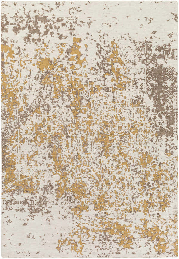 Close-up of the Peru Area Rug - Clearance. Contemporary design in cream, brown, and mustard tones. Hand woven polyester rug. Design-Rectangle-576
