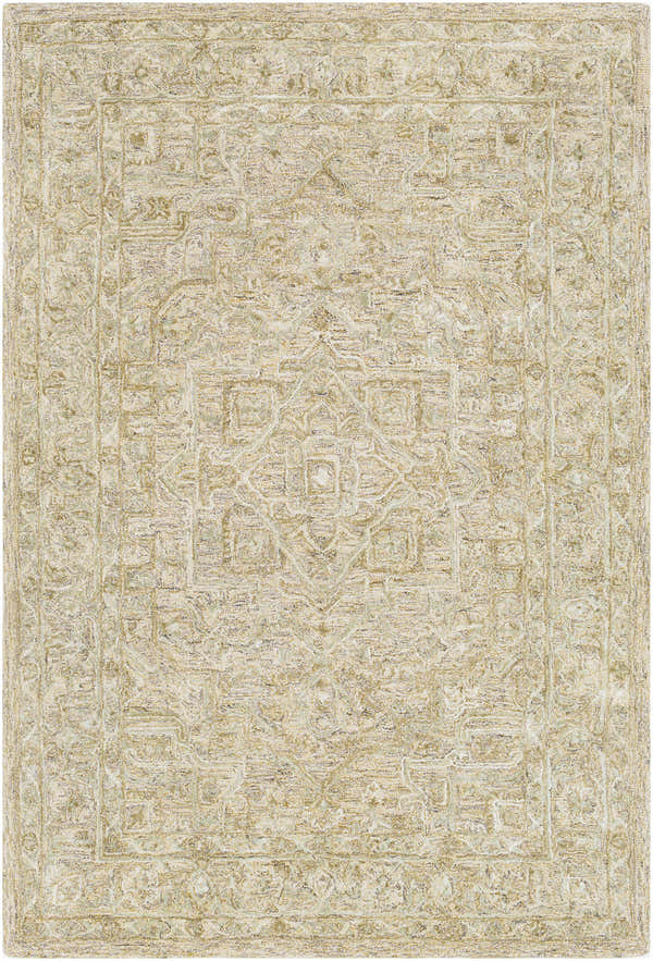 Detailed texture of the Pharr Wool & Faux Silk Rug in light beige, cream, and sage. Traditional oriental design. Design-Rectangle-576