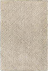 Close-up of the Phalaborwa Area Rug, a hand-loomed rug in gray, light beige, and tan with a subtle contemporary pattern. Design-Rectangle-576