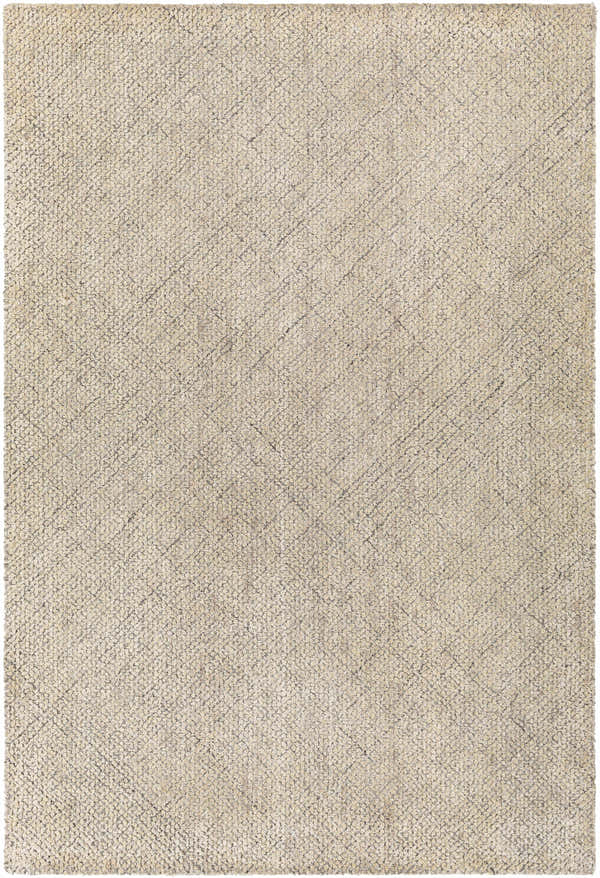 Close-up of the Phalaborwa Area Rug, a hand-loomed rug in gray, light beige, and tan with a subtle contemporary pattern. Design-Rectangle-576