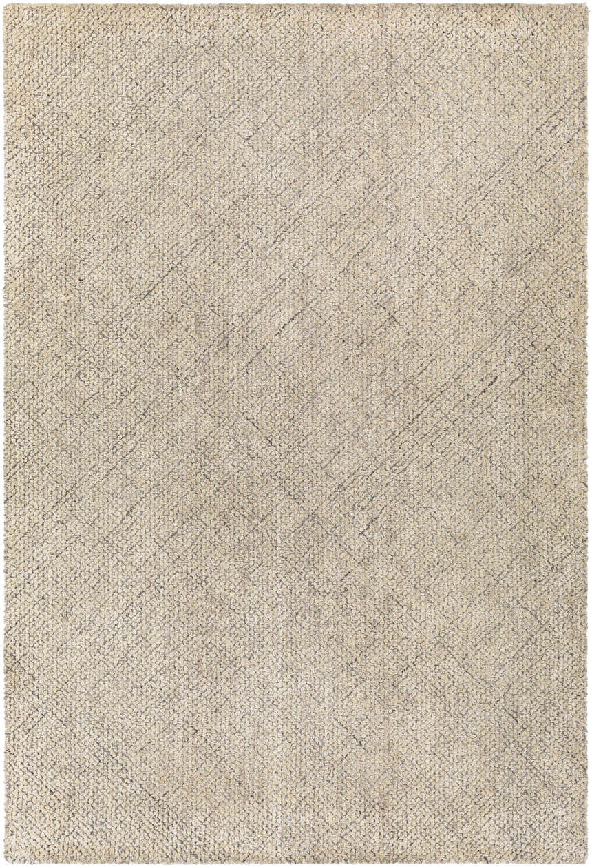 Close-up of the Phalaborwa Area Rug, a hand-loomed rug in gray, light beige, and tan with a subtle contemporary pattern. Design-Rectangle-576