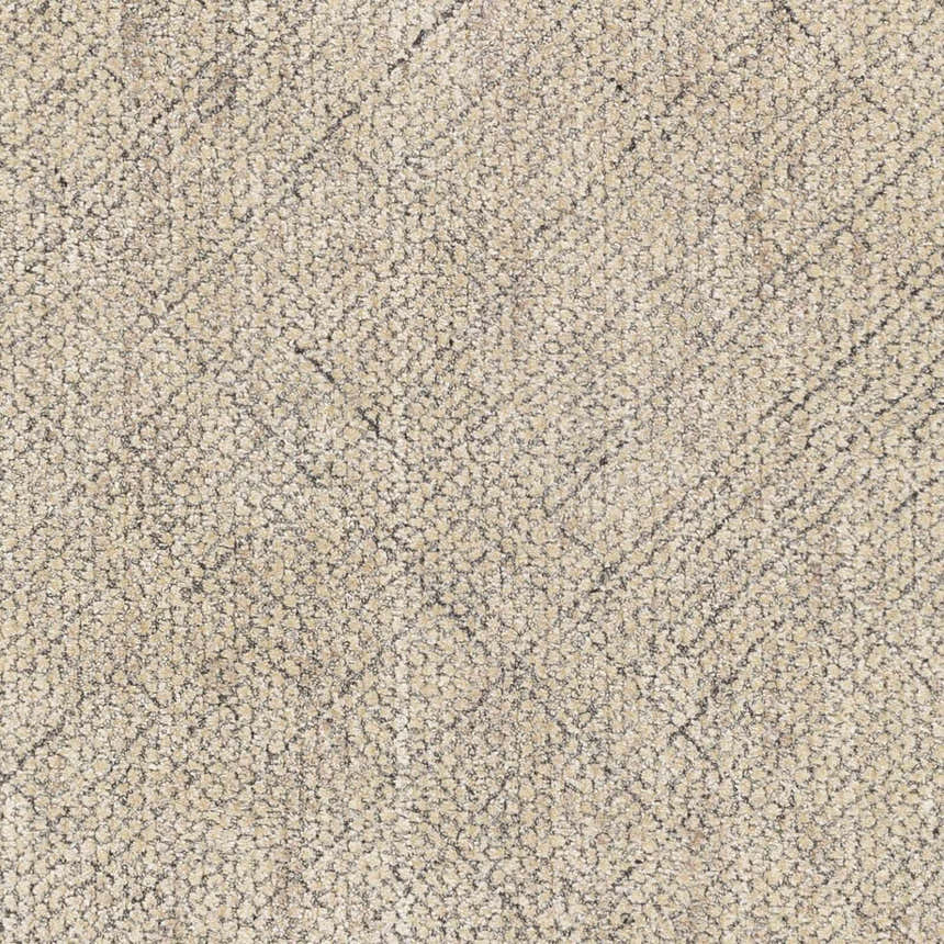 Close-up of the Phalaborwa Area Rug. Hand-loomed texture in gray, light beige, and tan wool and viscose blend. Swatch