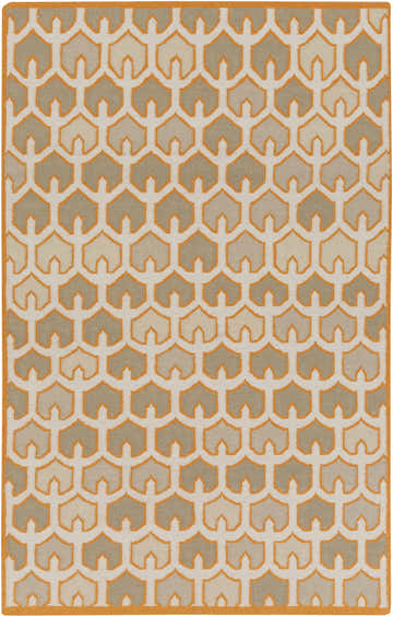 Phillipston Area Rug, hand-woven wool with geometric pattern in burnt orange, light gray, and taupe. Contemporary style. Design-Rectangle-58