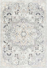 Close-up of the Phyre Area Rug. Light gray farmhouse style rug with traditional floral and geometric pattern. Design-Rectangle-537