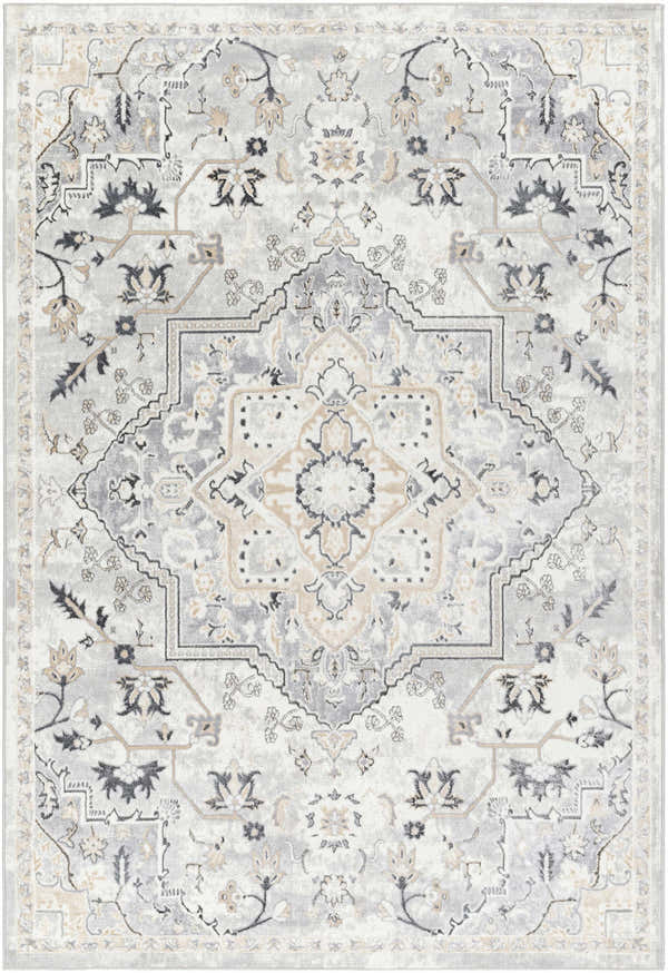Close-up of the Phyre Area Rug. Light gray farmhouse style rug with traditional floral and geometric pattern. Design-Rectangle-537