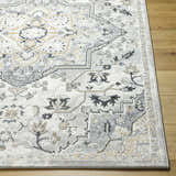 Close-up of the Phyre Area Rug. Light gray farmhouse style rug with traditional floral and geometric patterns. Front