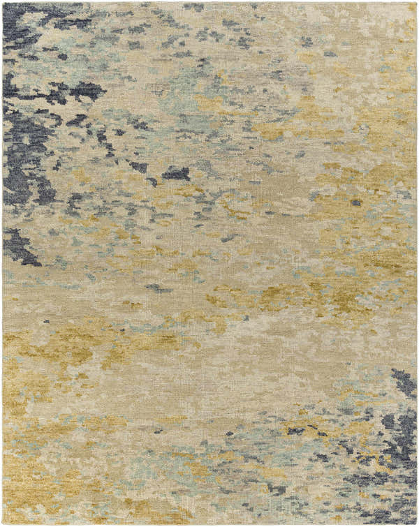 Close-up of the hand-knotted Pias Area Rug. Beige wool rug with contemporary abstract pattern in gray, blue, and mustard. Design-Rectangle-810