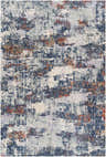 Close-up of the Pictou Area Carpet, featuring a contemporary abstract design in brick red, brown, denim blue, and light gray. Design-Rectangle-5373