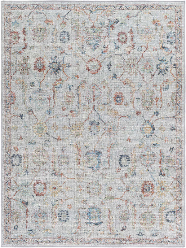 Piera Washable Area Rug, ash and silver farmhouse style with traditional floral pattern. Design-Rectangle-537
