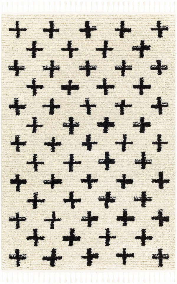 Close-up of the Anda Black on White Moroccan Plush Rug. Features a black plus sign pattern on a cream-colored, textured background. Tassels on the edge. Design-Rectangle-537