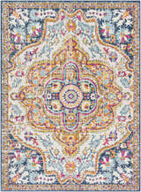 Detailed Pimperne Traditional Medallion Area Rug featuring burnt orange, fuchsia, gray, and navy floral pattern. Design-Rectangle-537