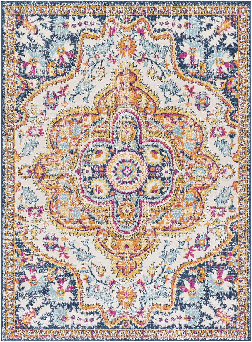 Detailed Pimperne Traditional Medallion Area Rug featuring burnt orange, fuchsia, gray, and navy floral pattern. Design-Rectangle-537