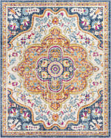 Detailed Pimperne Traditional Medallion Area Rug featuring burnt orange, fuchsia, and navy floral design. Design-Rectangle-71010
