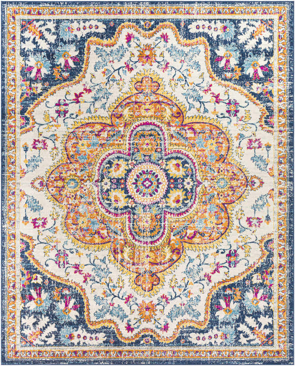 Detailed Pimperne Traditional Medallion Area Rug featuring burnt orange, fuchsia, and navy floral design. Design-Rectangle-71010
