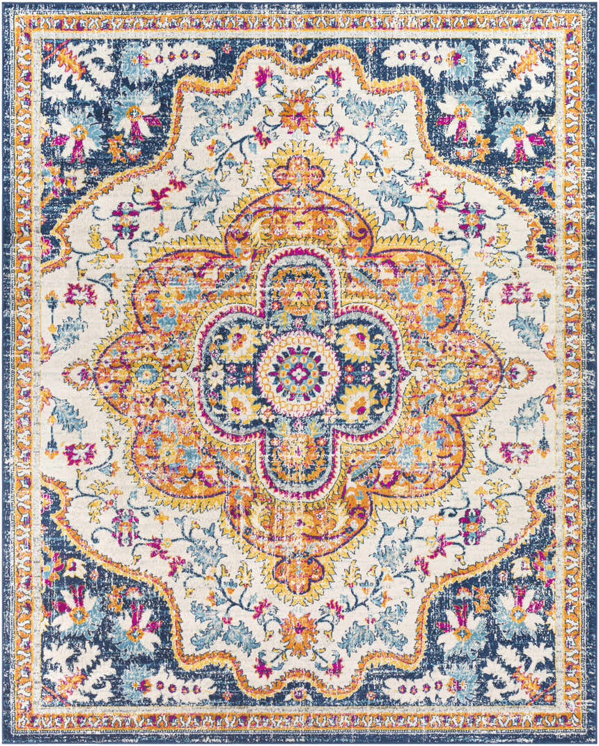 Detailed Pimperne Traditional Medallion Area Rug featuring burnt orange, fuchsia, and navy floral design. Design-Rectangle-71010