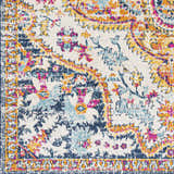 Close-up of Pimperne Traditional Medallion Area Rug. Features burnt orange, fuchsia, navy, and light blue floral pattern. Swatch