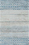 Close-up of the Pinamopoan Washable Area Rug. Features a contemporary blue, gray, and beige geometric pattern. Design-Rectangle-537