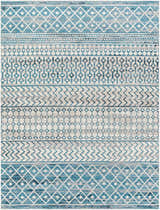 Pinamopoan Washable Area Rug close-up. Contemporary style rug with blue, gray, and beige geometric patterns. Design-Rectangle-71010