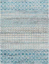 Pinamopoan Washable Area Rug close-up. Contemporary style rug with blue, gray, and beige geometric patterns. Design-Rectangle-71010