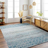 Living room with blue Pinamopoan Washable Area Rug, wood floors, modern furniture, and natural light. Roomscene-Rectangle