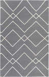 Close-up of the hand woven Pinewood Area Rug. Gray rug with an off white geometric diamond pattern. Contemporary style. Design-Rectangle-576