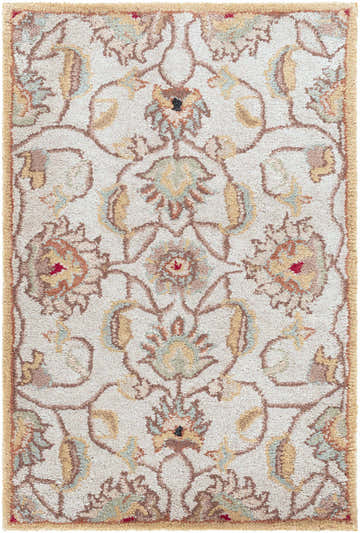 Close-up of the Pirtleville Area Rug. Hand-tufted wool rug with a traditional floral pattern in blush, brown, sage, and tan. Design-Rectangle-23