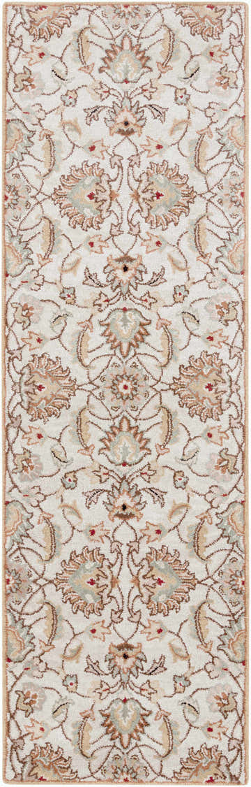 Close-up of the Pirtleville Area Rug. Hand-tufted wool rug with a traditional floral pattern in tan, brown, and blush tones. Design-Runner-268