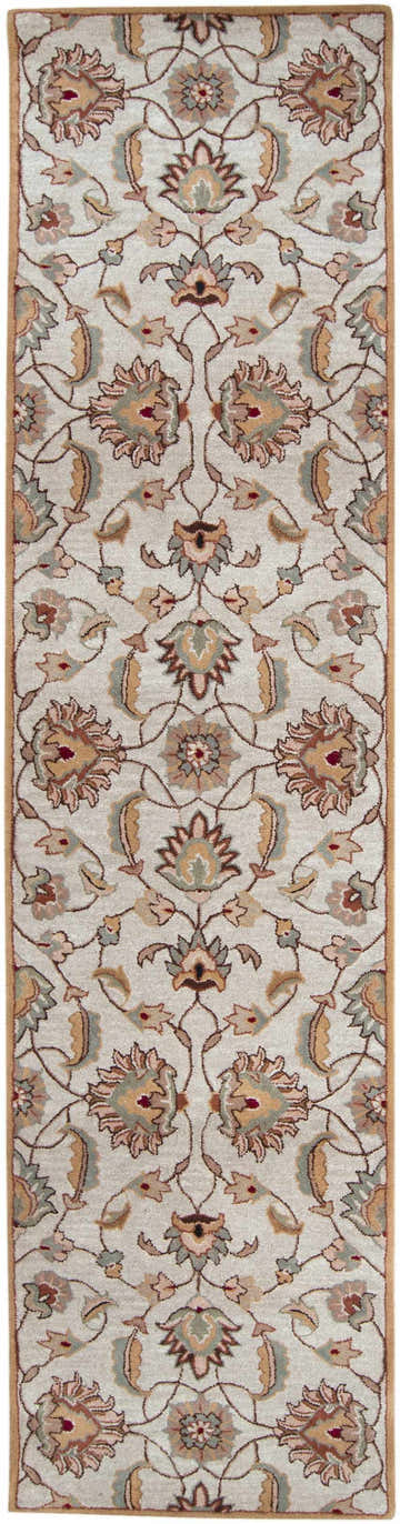 Close-up of the Pirtleville Area Rug. Hand-tufted wool rug with a traditional floral pattern in tan, blush, and sage. Design-Runner-312
