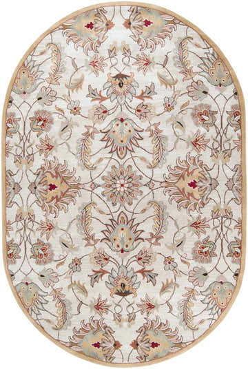 Oval Pirtleville Area Rug. Hand-tufted wool rug with a traditional floral pattern in blush, tan, and slate on a cream background. Design-Oval-69
