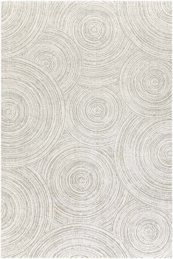 Close-up of the Pirton Luxe Rug showcasing its charcoal and cream concentric circle pattern. Design-Rectangle-6796