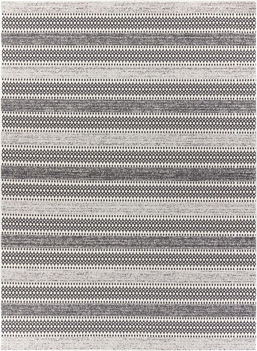 Close-up of Planada Washable Area Rug. Black and cream cotton rug with bohemian-inspired horizontal stripes and geometric pattern. Design-Rectangle-710102