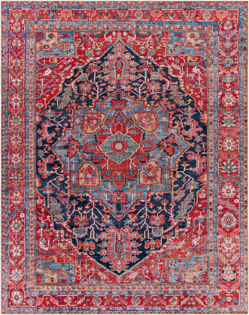 Detailed Pauline Red Medallion Performance Rug featuring burgundy, navy, and cream oriental patterns. Design-Rectangle-7696