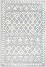Close-up of the Plumsteadville Area Rug. Cream and slate gray rug with a geometric diamond and arrow pattern. Farmhouse style. Design-Rectangle-5373