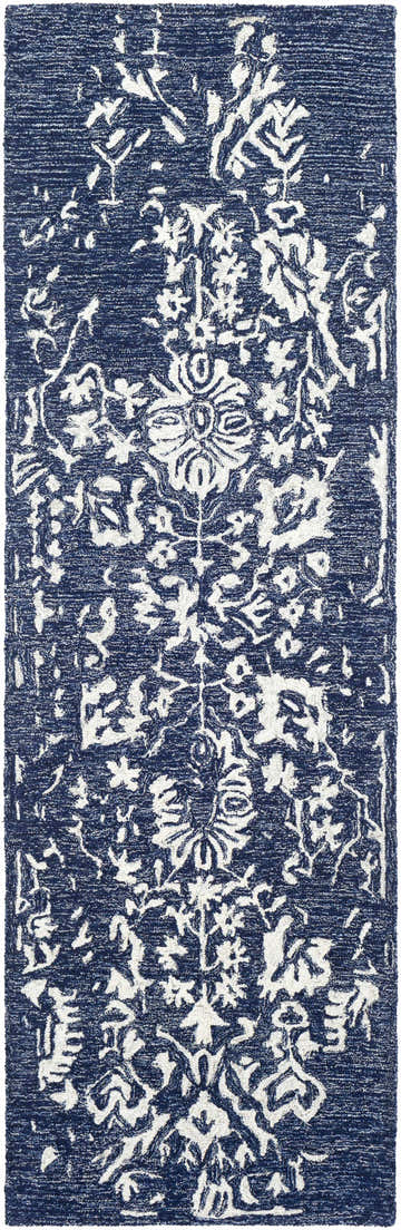 Close-up of the Poole Navy Wool Area Carpet featuring a traditional floral pattern in navy and beige. Design-Runner-268