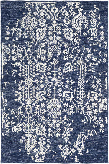 Close-up of the Poole Navy Wool Area Carpet showing a traditional beige floral pattern on a navy background. Design-Rectangle-576