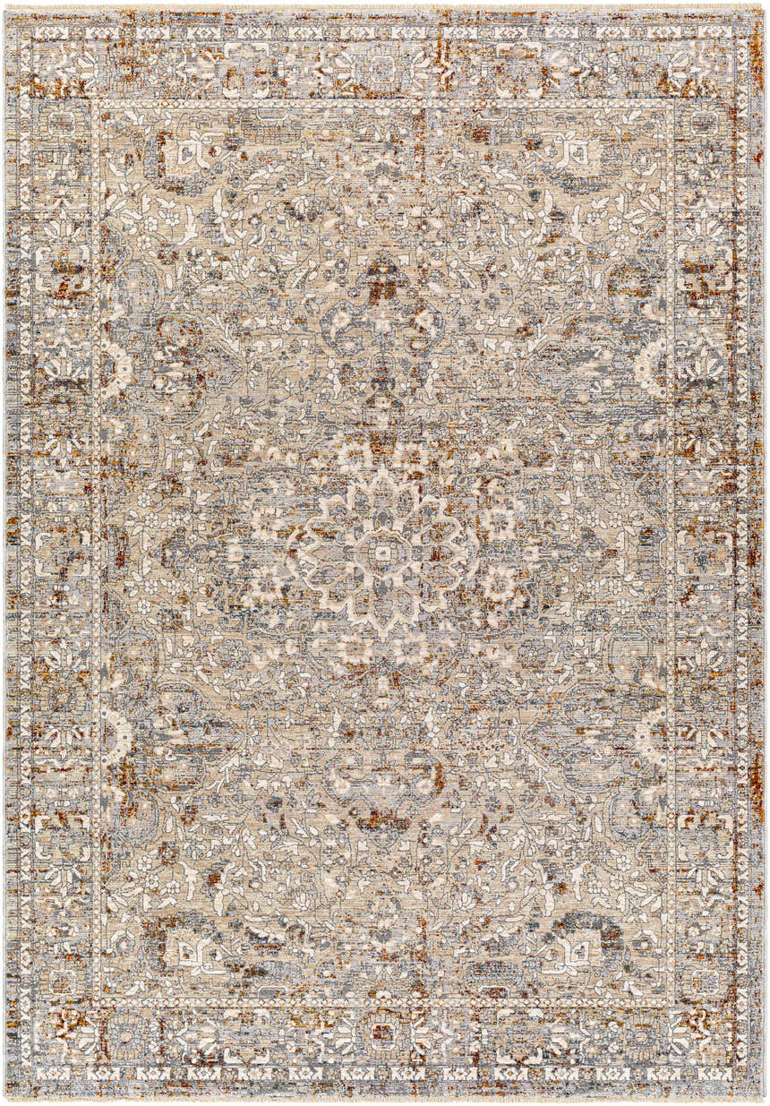 Close-up of the Pambujan Area Rug, featuring beige, blue, and burnt orange floral and oriental patterns. Design-Rectangle-582