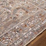 Close-up of the beige, blue, and burnt orange Pambujan Area Rug with a traditional floral pattern and fringe. Texture