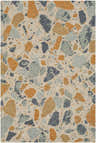 Close-up of the Panabingan Area Rug; a hand-tufted wool rug with a terrazzo-inspired pattern in brick red, dark blue, beige, and sage. Design-Rectangle-576