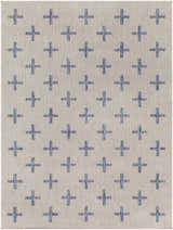 Close-up of Pangao Area Rug showing cream background and dark gray geometric plus sign pattern. Machine woven texture. Design-Rectangle-537