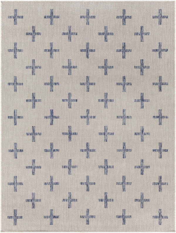 Close-up of Pangao Area Rug showing cream background and dark gray geometric plus sign pattern. Machine woven texture. Design-Rectangle-537
