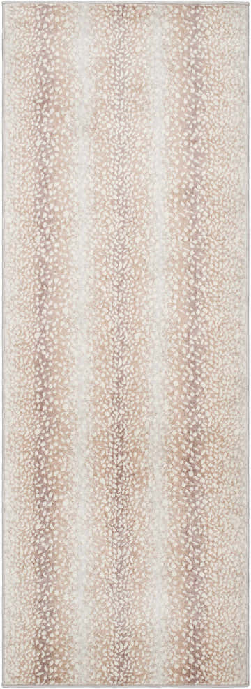 Close-up of Pointblank Tan Leopard Print Rug. Features a neutral gray, ivory, and tan animal print pattern. Design-Runner-2773